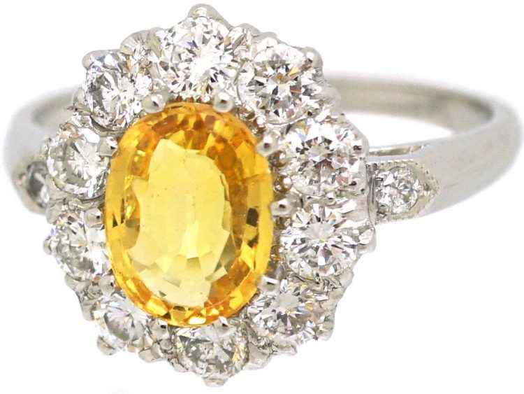 Platinum Yellow Sapphire & Diamond Oval Cluster Ring