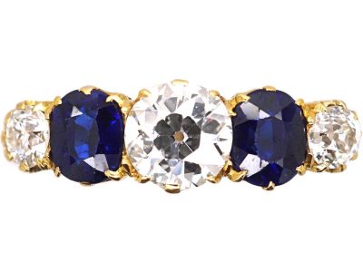 Victorian 18ct Gold Five Stone Sapphire & Diamond Carved Half Hoop Ring