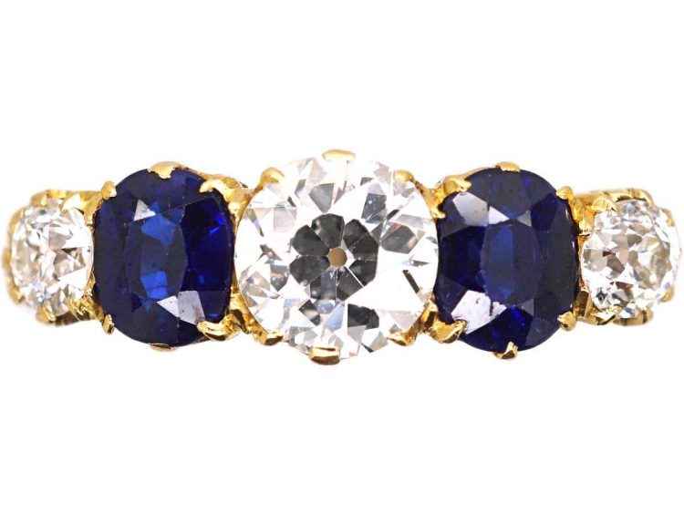 Victorian 18ct Gold Five Stone Sapphire & Diamond Carved Half Hoop Ring