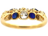 Victorian 18ct Gold Five Stone Sapphire & Diamond Carved Half Hoop Ring