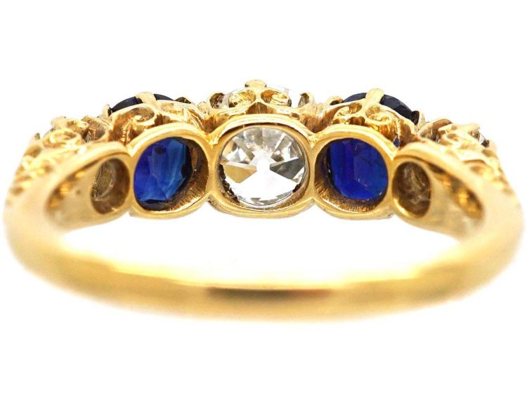 Victorian 18ct Gold Five Stone Sapphire & Diamond Carved Half Hoop Ring