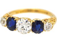 Victorian 18ct Gold Five Stone Sapphire & Diamond Carved Half Hoop Ring