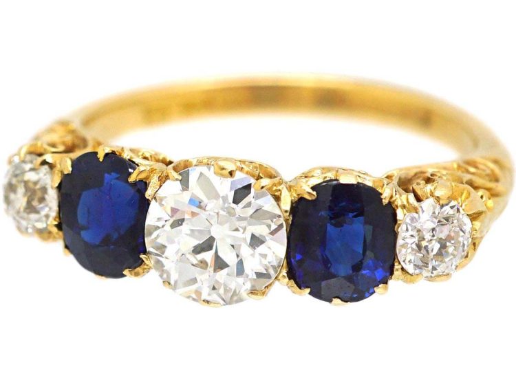 Victorian 18ct Gold Five Stone Sapphire & Diamond Carved Half Hoop Ring