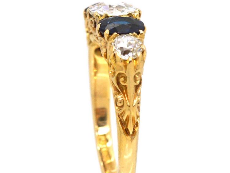 Victorian 18ct Gold Five Stone Sapphire & Diamond Carved Half Hoop Ring