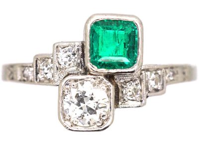 Art Deco Platinum Emerald & Diamond Crossover Ring