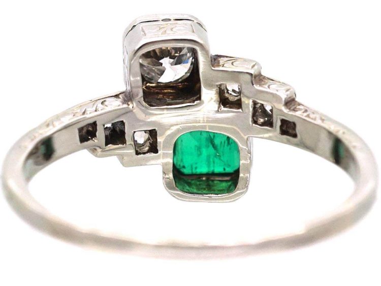 Art Deco Platinum Emerald & Diamond Crossover Ring