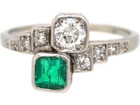 Art Deco Platinum Emerald & Diamond Crossover Ring