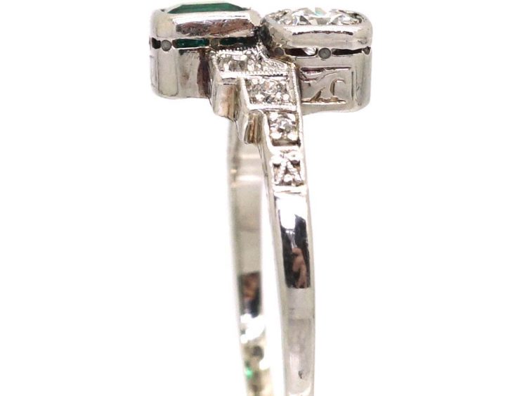 Art Deco Platinum Emerald & Diamond Crossover Ring