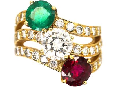 Vintage Large 18ct Gold Twist Ring set with an Emerald, Ruby & Diamonds