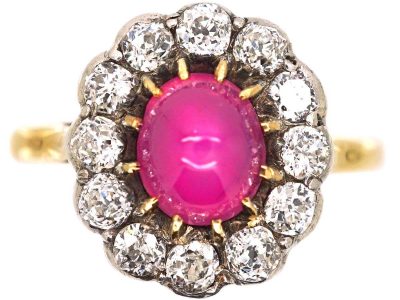 Edwardian 18ct Gold Star Ruby & Diamond Oval Cluster Ring