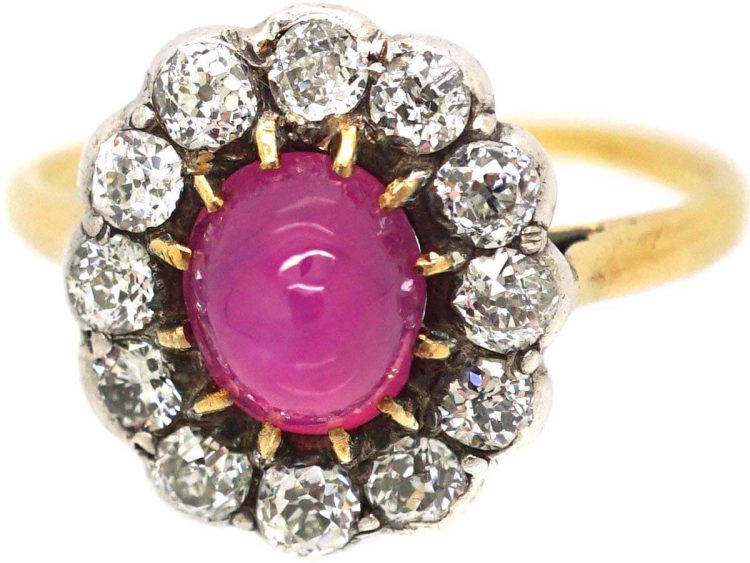 Edwardian 18ct Gold Star Ruby & Diamond Oval Cluster Ring
