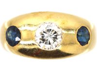 Mid 20th Century 18ct Gold Rub Over Set Sapphire & Diamond Three Stone Ring