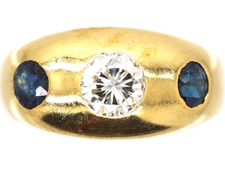 Mid 20th Century 18ct Gold Rub Over Set Sapphire & Diamond Three Stone Ring