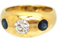 Mid 20th Century 18ct Gold Rub Over Set Sapphire & Diamond Three Stone Ring