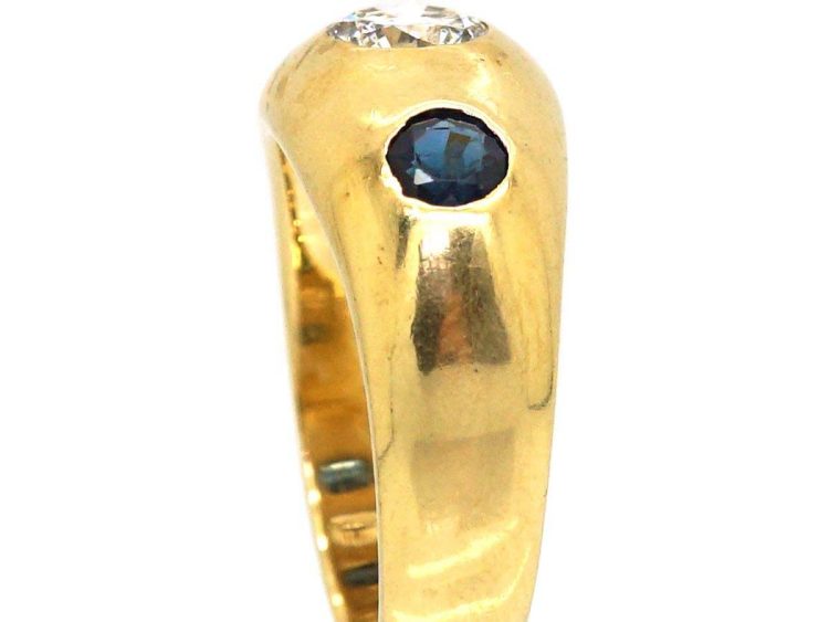 Mid 20th Century 18ct Gold Rub Over Set Sapphire & Diamond Three Stone Ring