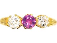 Edwardian 18ct Gold Pink Sapphire & Diamond Three Stone Ring