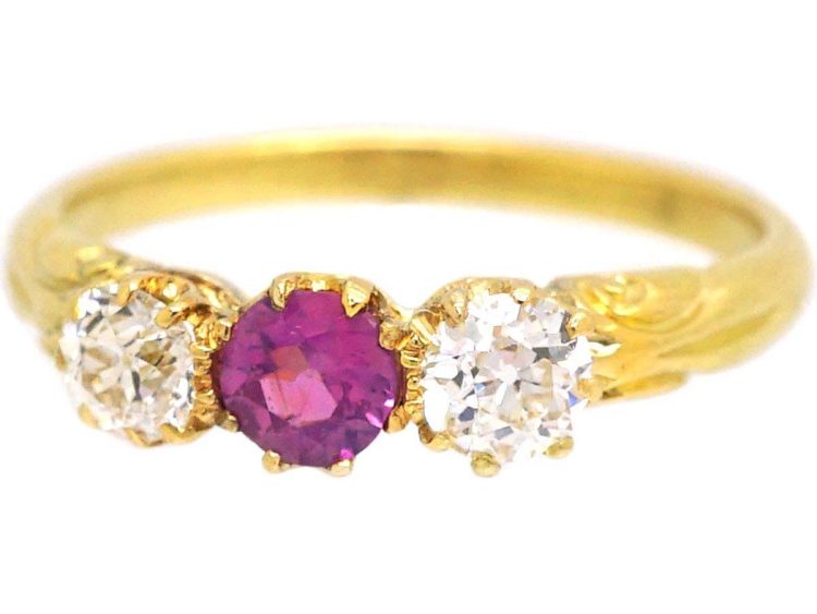 Edwardian 18ct Gold Pink Sapphire & Diamond Three Stone Ring