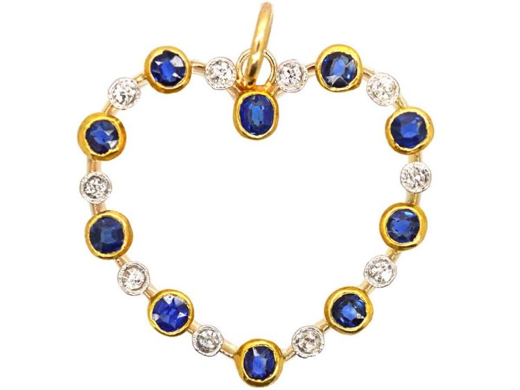 Edwardian 15ct Gold & Platinum Heart Shaped Pendant set with Sapphires & Diamonds