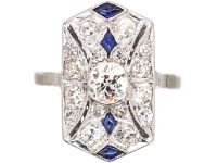 Art Deco Platinum Pierced Plaque Ring set with Sapphires & Diamonds