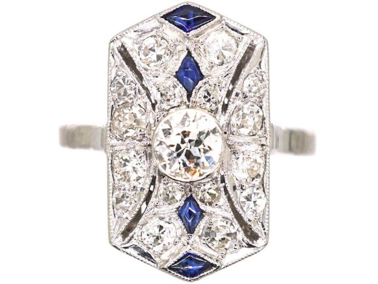 Art Deco Platinum Pierced Plaque Ring set with Sapphires & Diamonds