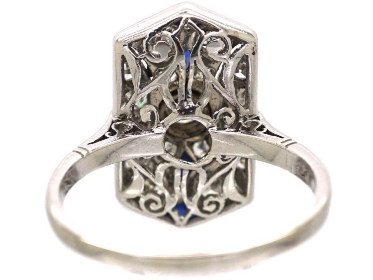 Art Deco Platinum Pierced Plaque Ring set with Sapphires & Diamonds