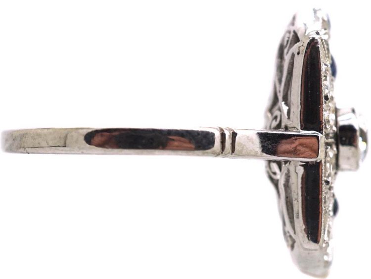 Art Deco Platinum Pierced Plaque Ring set with Sapphires & Diamonds
