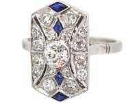 Art Deco Platinum Pierced Plaque Ring set with Sapphires & Diamonds
