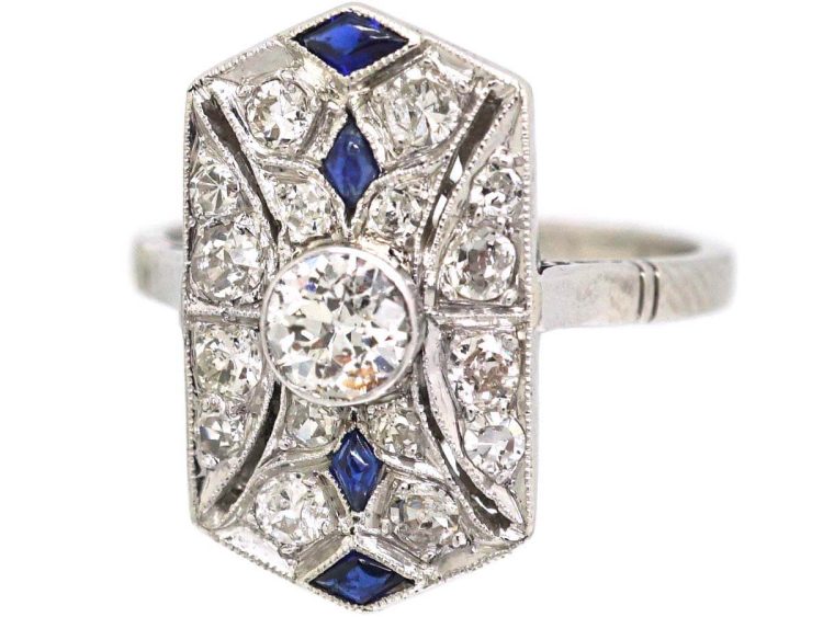 Art Deco Platinum Pierced Plaque Ring set with Sapphires & Diamonds