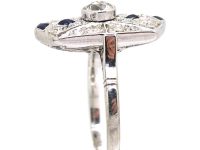 Art Deco Platinum Pierced Plaque Ring set with Sapphires & Diamonds