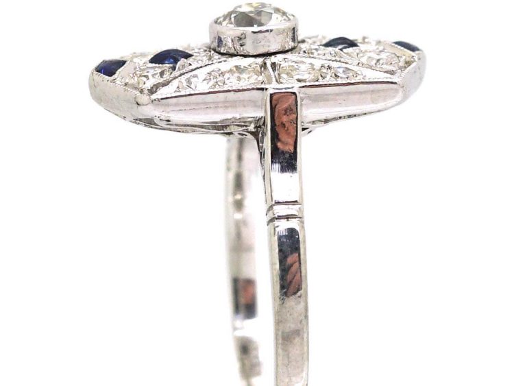 Art Deco Platinum Pierced Plaque Ring set with Sapphires & Diamonds