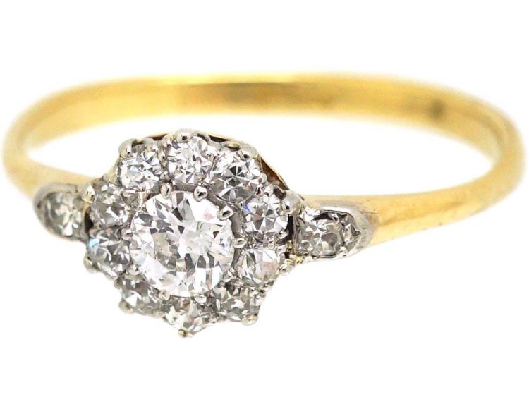 Edwardian 18ct Gold & Platinum Diamond Cluster Ring with Diamond set Shoulders