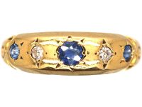 Edwardian 18ct Gold Five Stone Sapphire & Diamond Gypsy Ring
