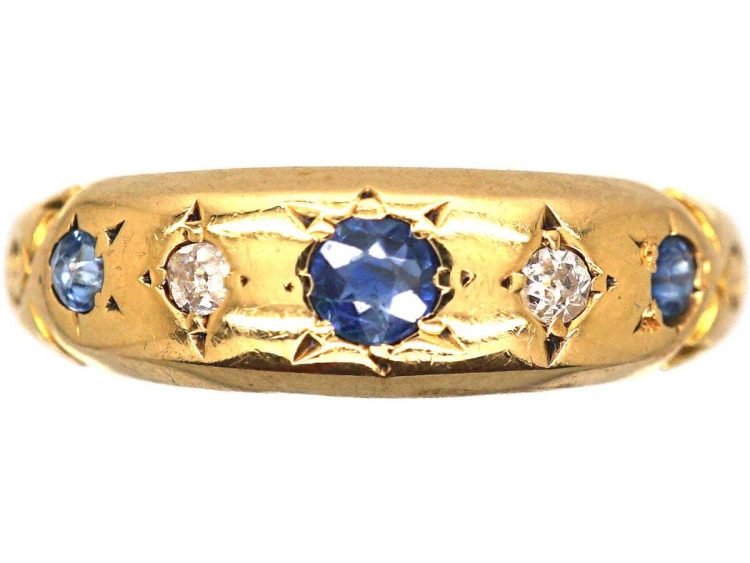 Edwardian 18ct Gold Five Stone Sapphire & Diamond Gypsy Ring