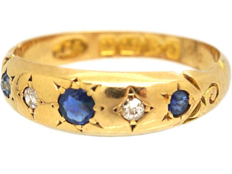 Edwardian 18ct Gold Five Stone Sapphire & Diamond Gypsy Ring