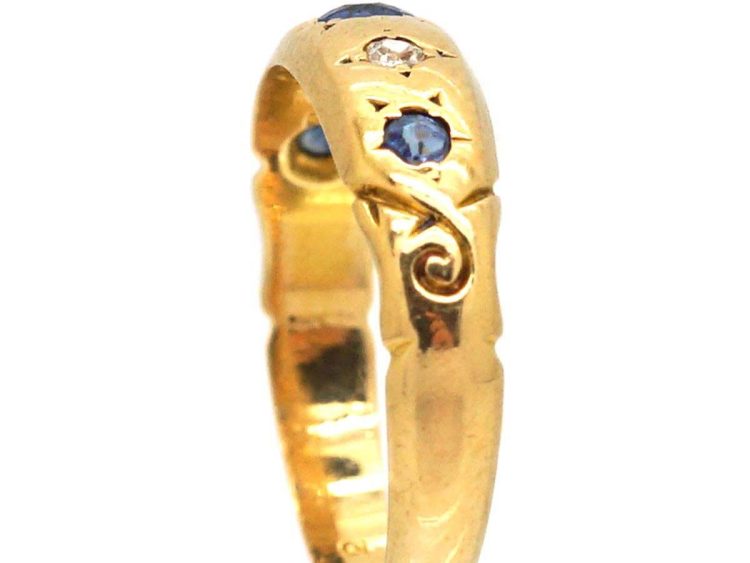 Edwardian 18ct Gold Five Stone Sapphire & Diamond Gypsy Ring