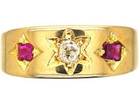 Victorian 18ct Gold Three Stone Ruby & Diamond Gypsy Ring