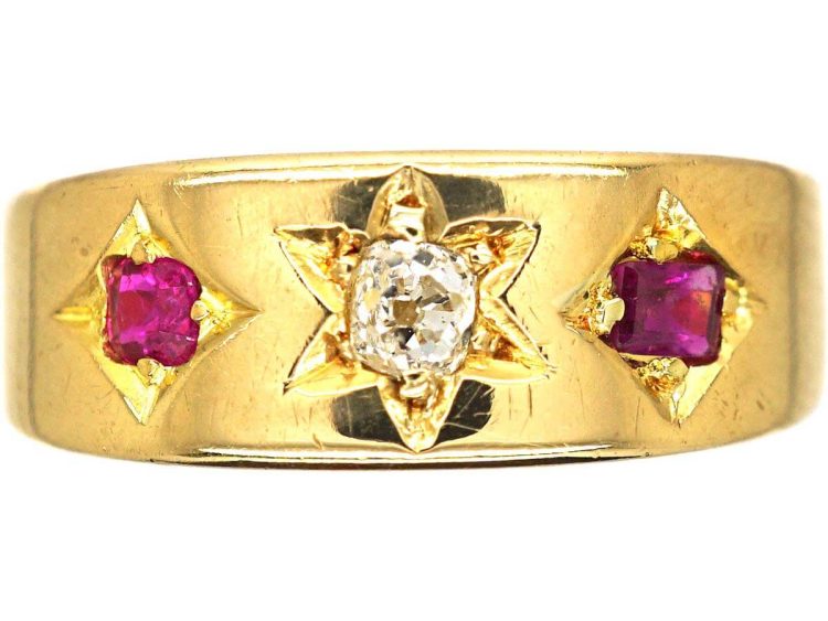 Victorian 18ct Gold Three Stone Ruby & Diamond Gypsy Ring