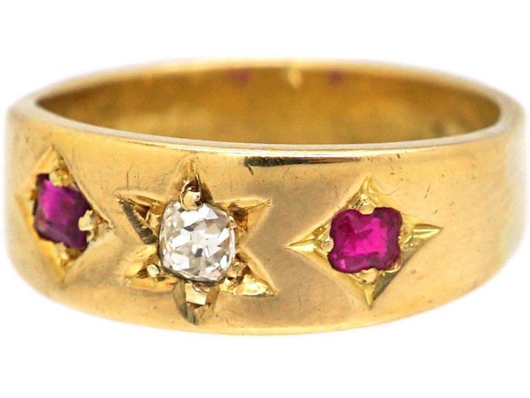 Victorian 18ct Gold Three Stone Ruby & Diamond Gypsy Ring