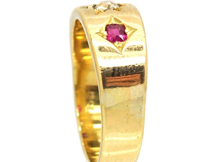 Victorian 18ct Gold Three Stone Ruby & Diamond Gypsy Ring