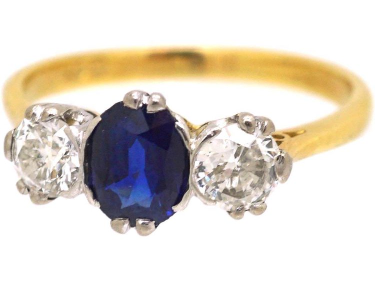 Early 20th Century 18ct Gold & Platinum, Sapphire & Diamond Three Stone Ring