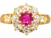 Edwardian 18ct Gold Ruby & Diamond Cluster Ring with Diamond Shoulders