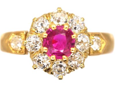 Edwardian 18ct Gold Ruby & Diamond Cluster Ring with Diamond Shoulders