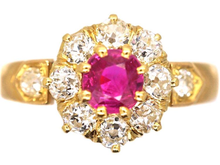 Edwardian 18ct Gold Ruby & Diamond Cluster Ring with Diamond Shoulders