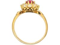 Edwardian 18ct Gold Ruby & Diamond Cluster Ring with Diamond Shoulders