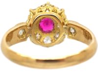 Edwardian 18ct Gold Ruby & Diamond Cluster Ring with Diamond Shoulders