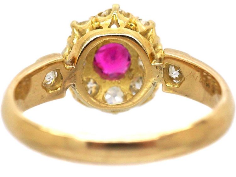 Edwardian 18ct Gold Ruby & Diamond Cluster Ring with Diamond Shoulders