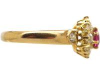 Edwardian 18ct Gold Ruby & Diamond Cluster Ring with Diamond Shoulders