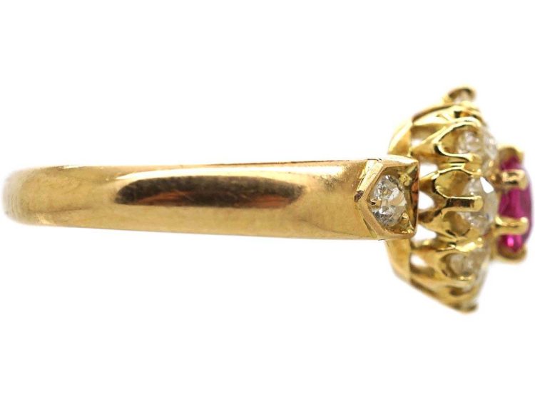 Edwardian 18ct Gold Ruby & Diamond Cluster Ring with Diamond Shoulders