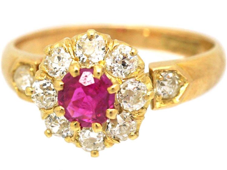 Edwardian 18ct Gold Ruby & Diamond Cluster Ring with Diamond Shoulders