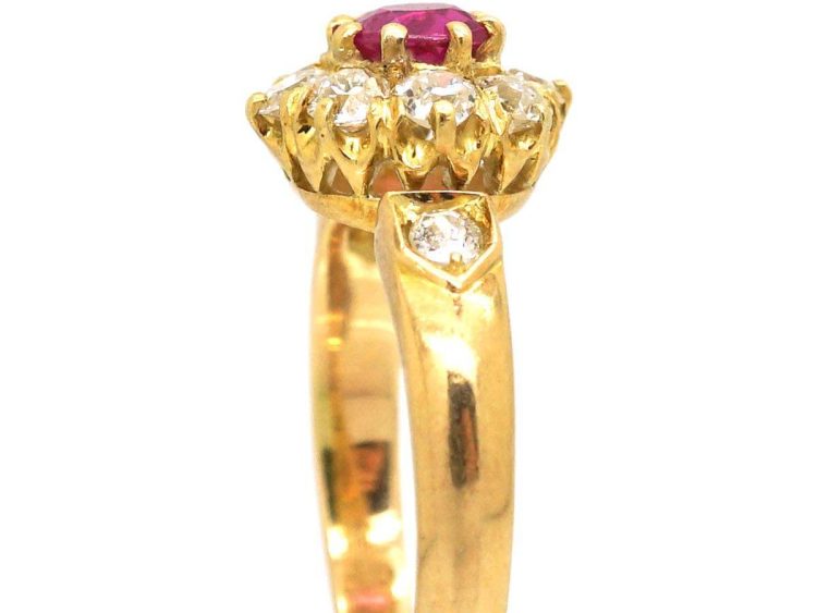 Edwardian 18ct Gold Ruby & Diamond Cluster Ring with Diamond Shoulders